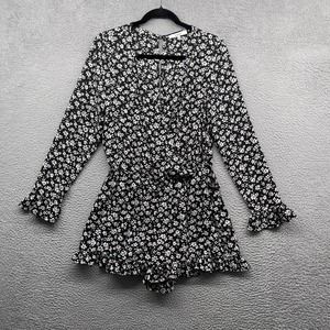 RO & DE Womens Romper Black Floral Long Sleeve V-Neck Button Polyester Size M